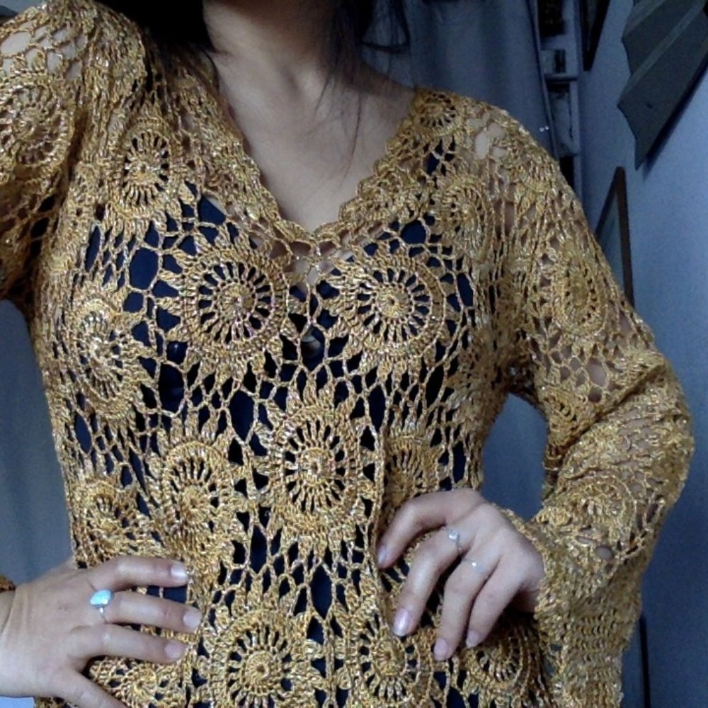 Golden Sunflower crochet openwork long sleeve top